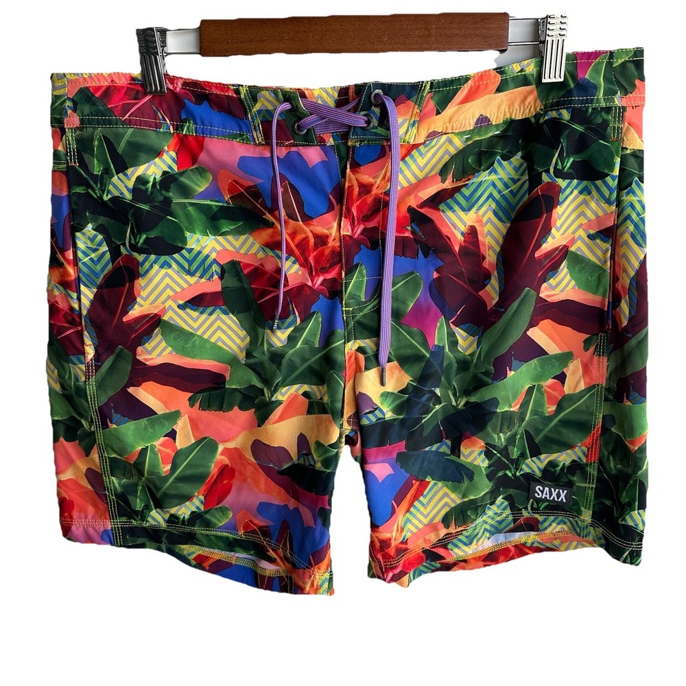 Saxx Men's 34x7 Betawave 2N1 Boardie 17" Shorts Ballpark Pouch Tropical‎ EUC $80